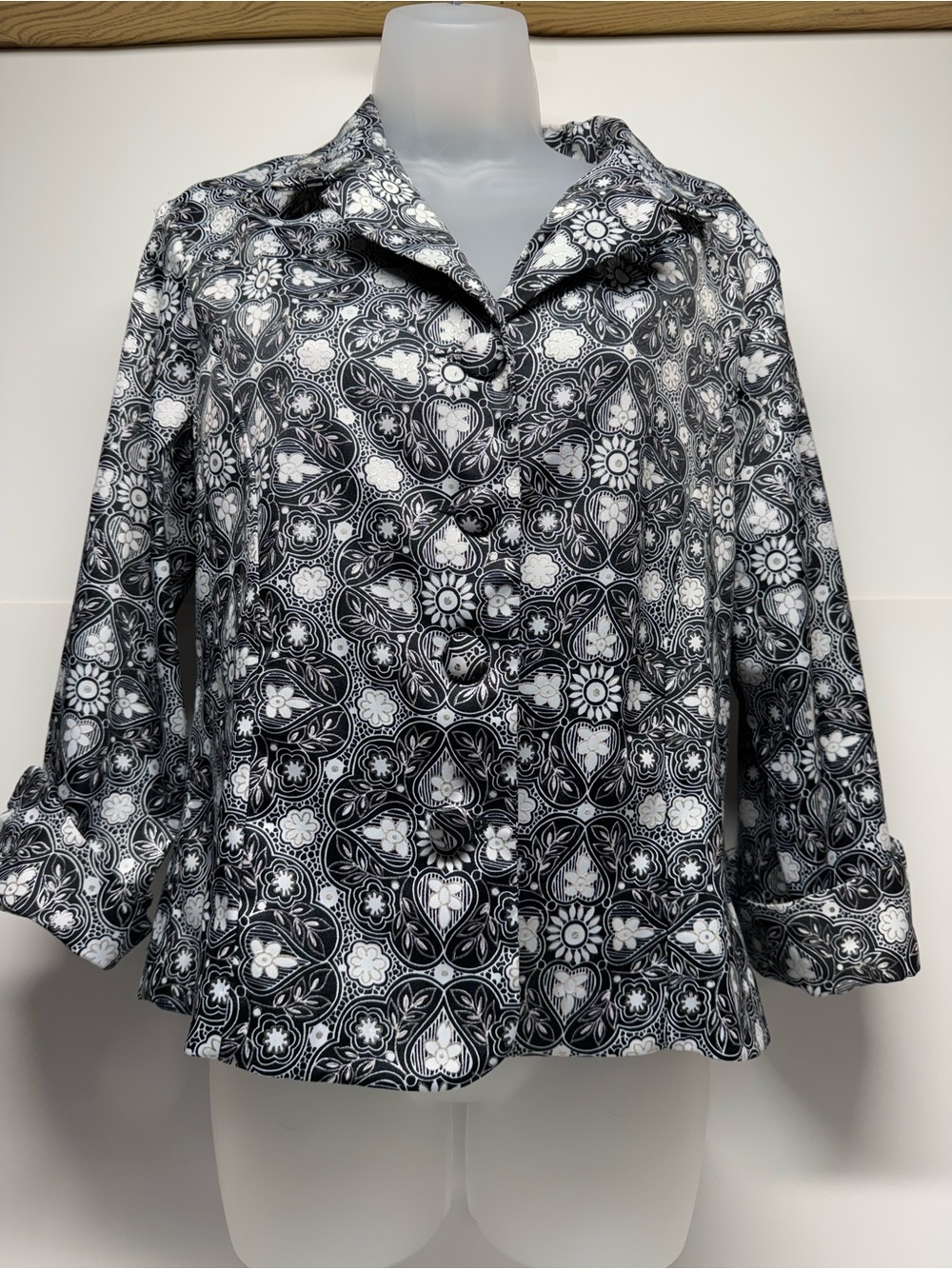 Dress Barn Black and White Floral Tile Button-Down Shirt